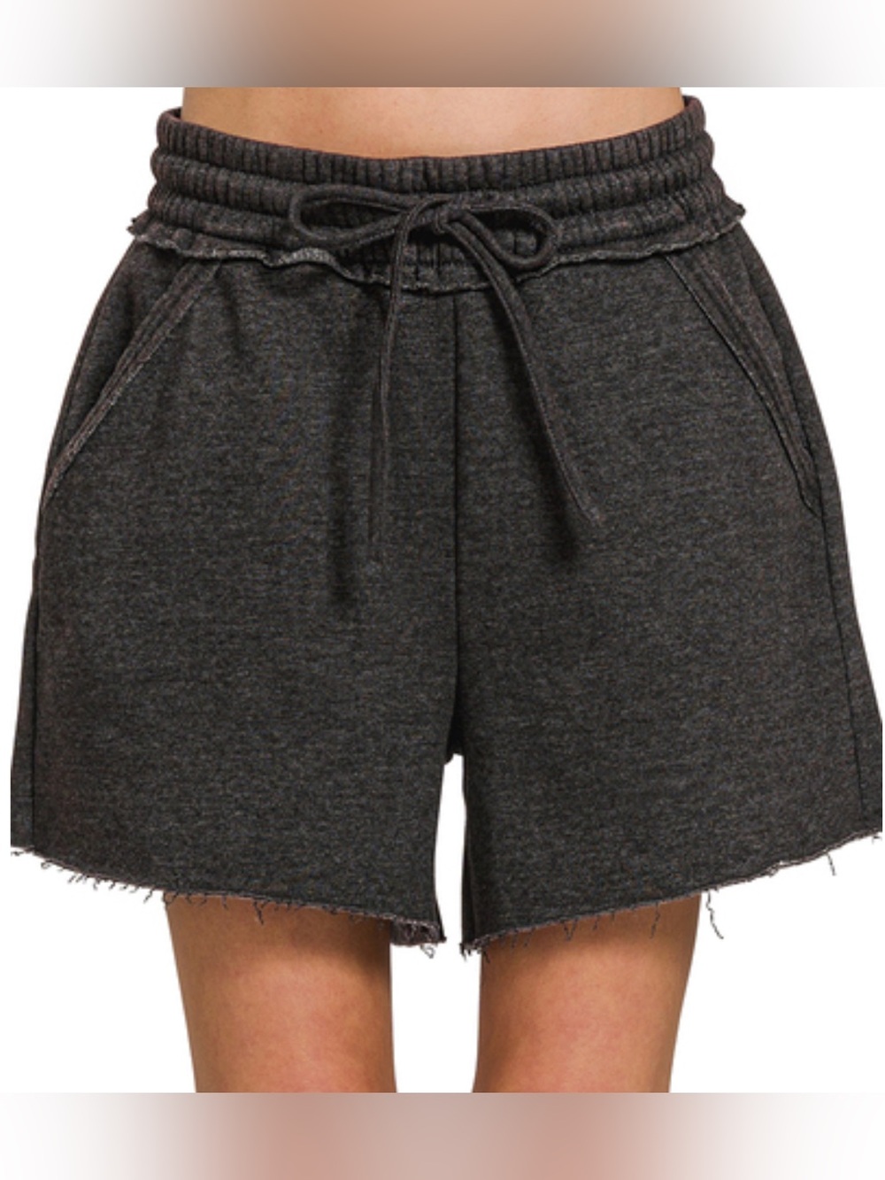 Acid Wash Fleece Drawstring Shorts with Pockets in Black